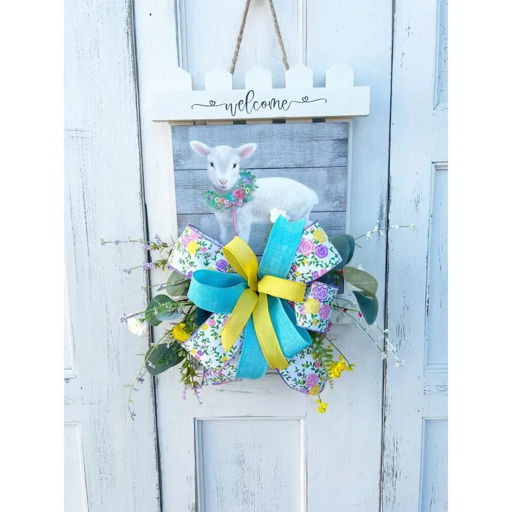 Easter Picket Fence Door Wreath with Lamb, Wood Porch Decoration, Floral Accents